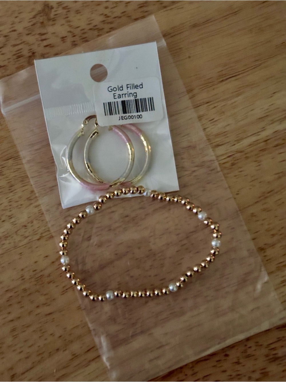 Gold-Filled Hoop Earrings and Gold Beaded Bracelet Set - Pink Accents